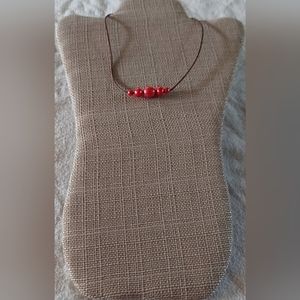 Handmade Red Pearl And Brown Leather Necklace